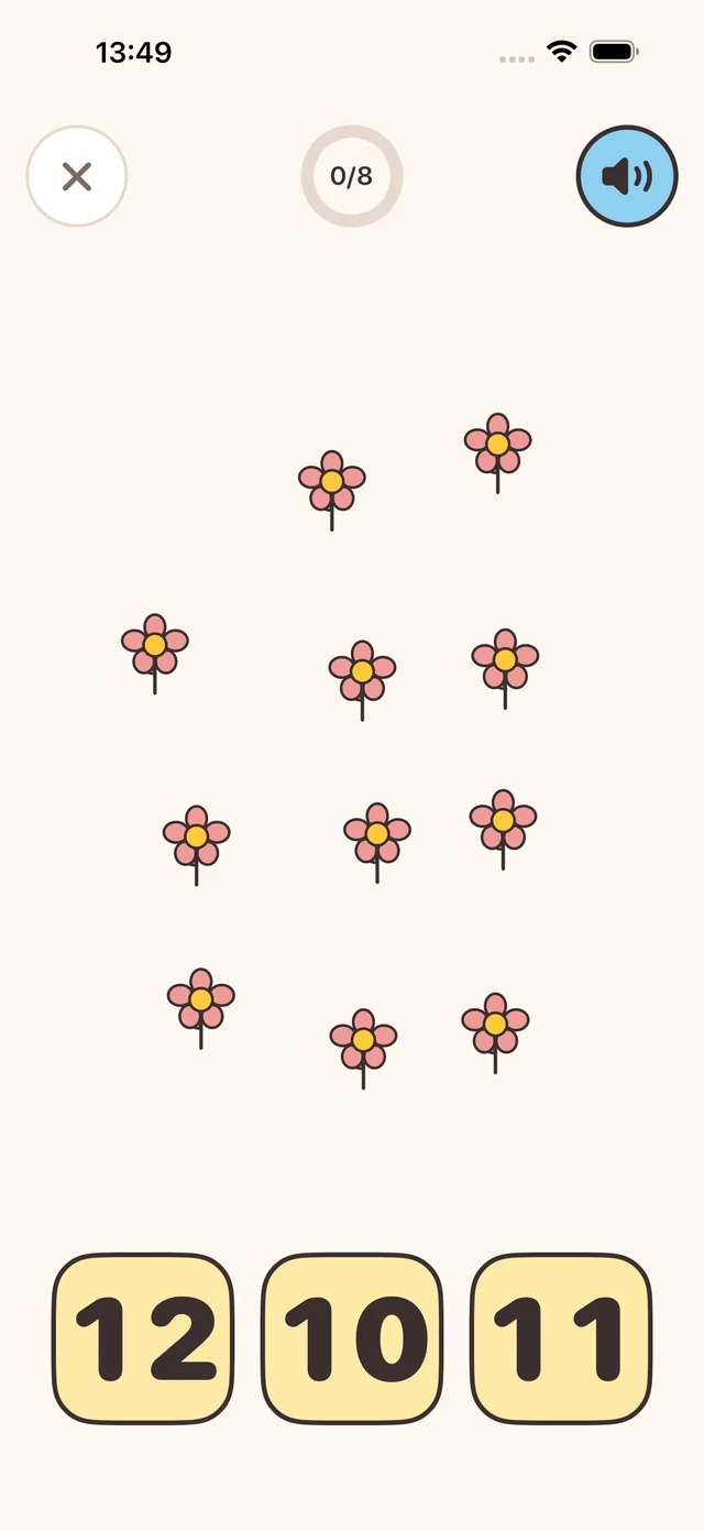 Count with me: twelve flowers scattered on the screen, with 12, 10 and 11 to choose from.