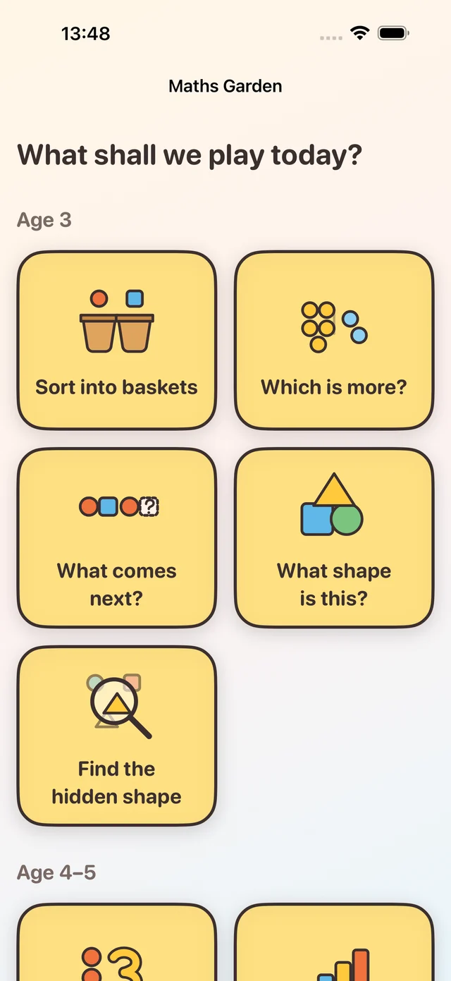 Maths Garden screen showing game cards grouped under Age 3 and Age 4–5.