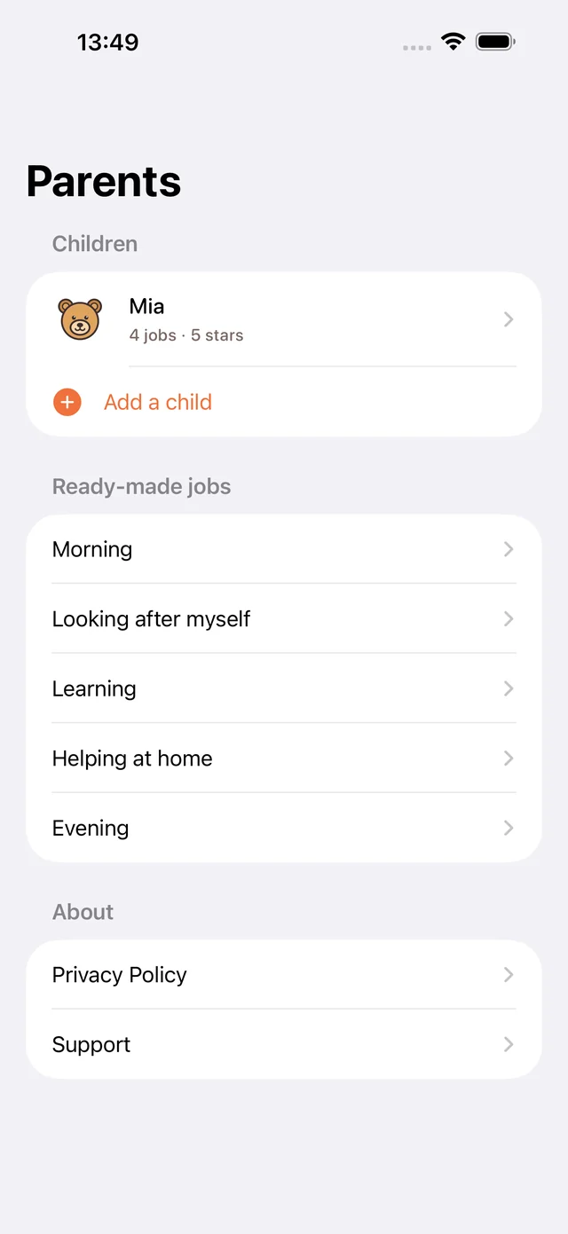 The parents area, a standard iOS list of children, ready-made jobs and settings.