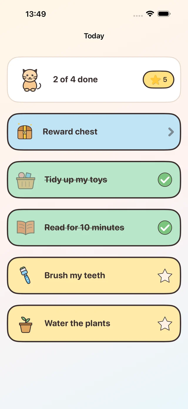 A child’s Today screen listing the jobs due, each with the stars it is worth.