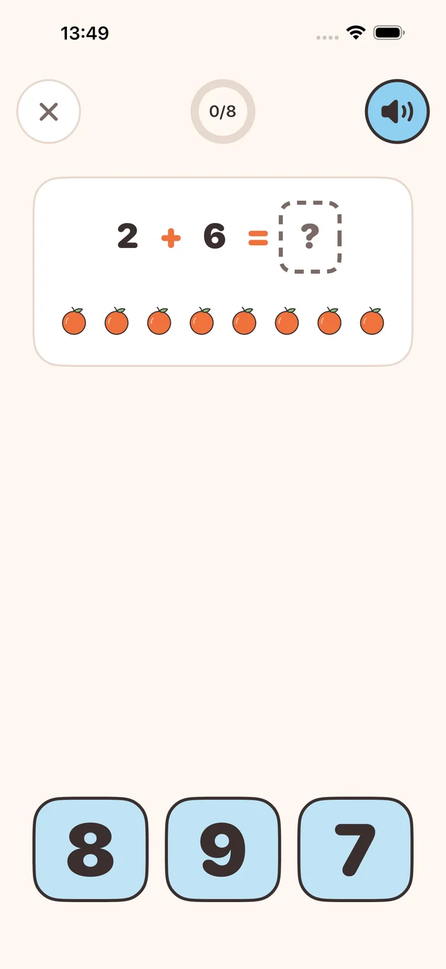 Worksheet: the sum 2 + 6 with oranges drawn underneath and number buttons below.